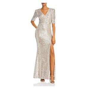 AQUA FORMAL Womens Beige Pouf Sleeve V Neck Full-Length Evening Sheath Dress 0